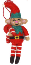 Load image into Gallery viewer, Felt Elf with Candy Cane Christmas Decoration - 3 Colours