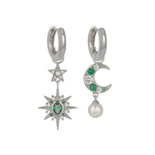 Load image into Gallery viewer, Amelia Scott Luna Mismatch Moon & Star Emerald CZ Huggies - Silver