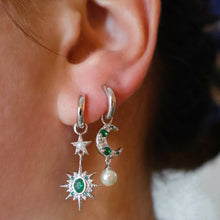 Load image into Gallery viewer, Amelia Scott Luna Mismatch Moon & Star Emerald CZ Huggies - Silver