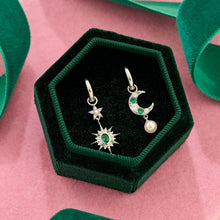 Load image into Gallery viewer, Amelia Scott Luna Mismatch Moon & Star Emerald CZ Huggies - Silver