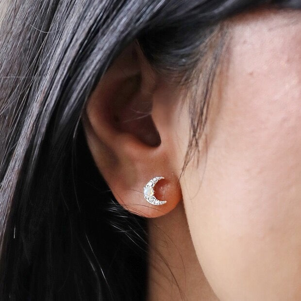 Lisa Angel Crystal & Opal Moon Stud Earrings - Silver / Gold