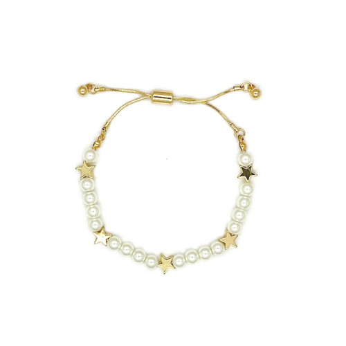 Stars and Ivory Glass Pearls Chain Bracelet - Gold / Silver