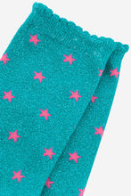 Load image into Gallery viewer, Sock Talk Star Print Aqua Glitter Socks
