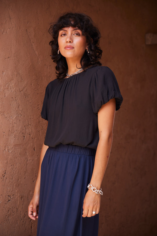 ICHI Marrakech Puff Cap Sleeve Black Blouse