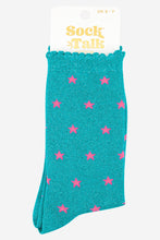Load image into Gallery viewer, Sock Talk Star Print Aqua Glitter Socks
