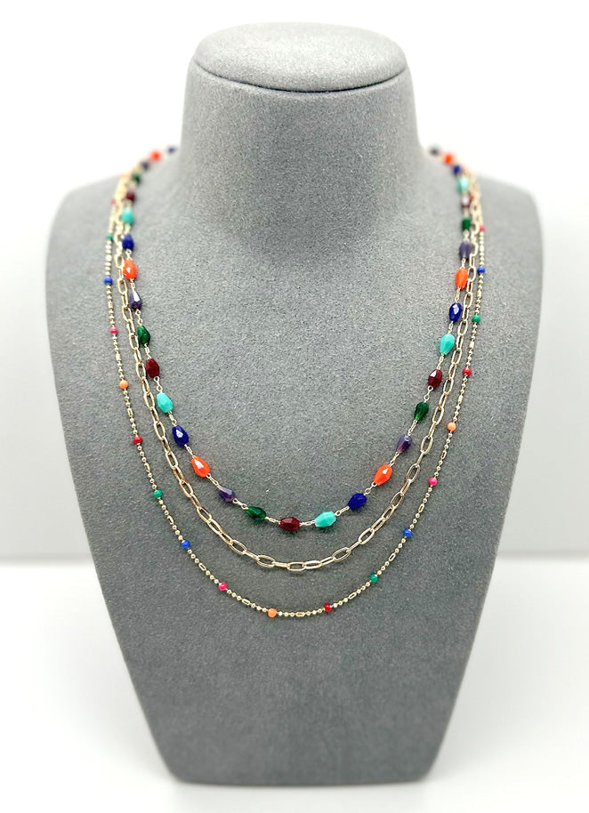Triple Mix Beaded Gold Necklace - Multi / Turquoise