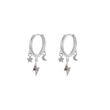 Load image into Gallery viewer, Star, Moon &amp; Lightning Bolt Charm Huggies - Gold or Silver
