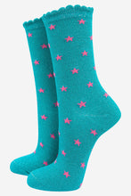 Load image into Gallery viewer, Sock Talk Star Print Aqua Glitter Socks
