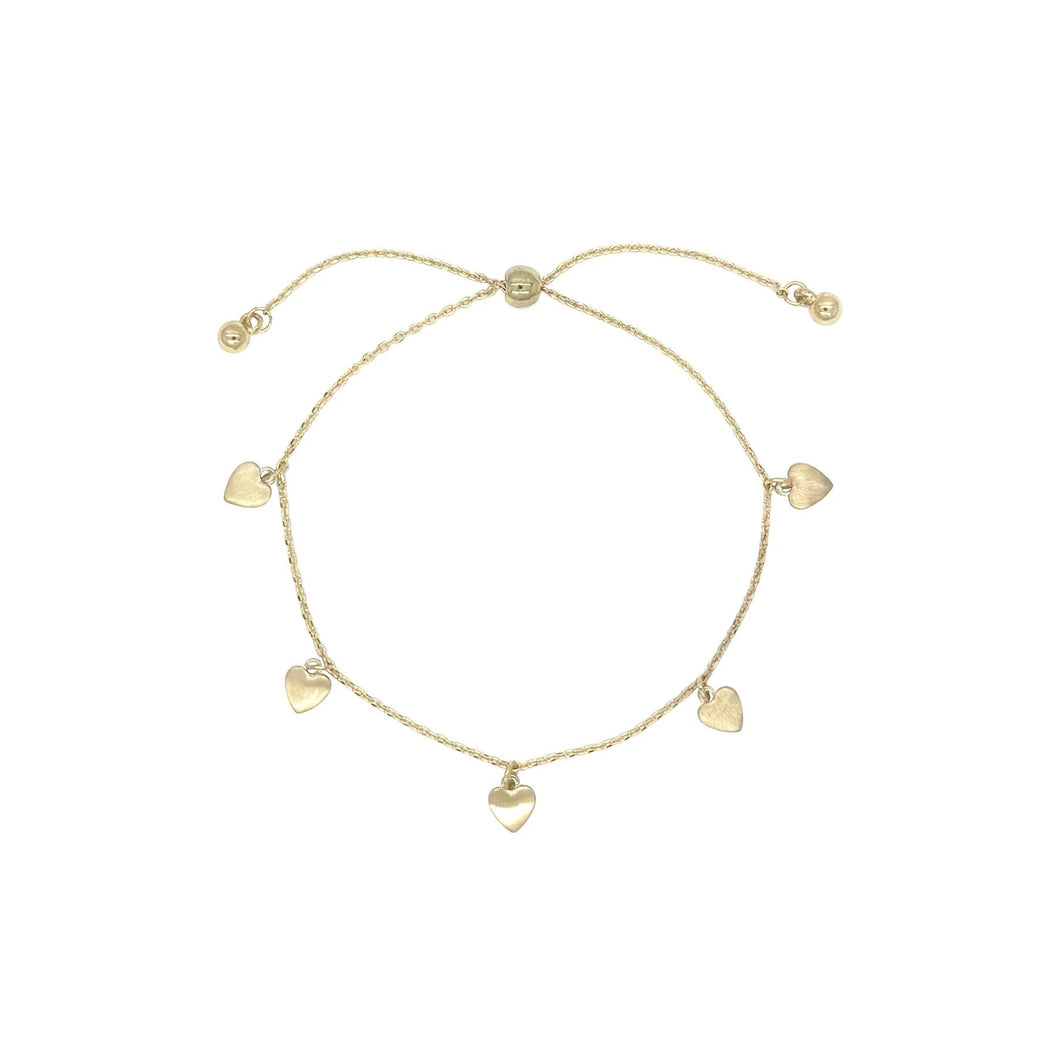 Five Brushed Hearts charm Adjustable Bracelet - Gold & Silver
