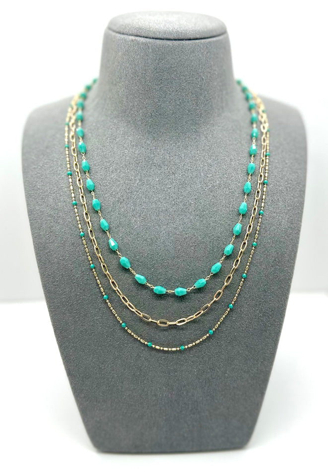 Triple Mix Beaded Gold Necklace - Multi / Turquoise