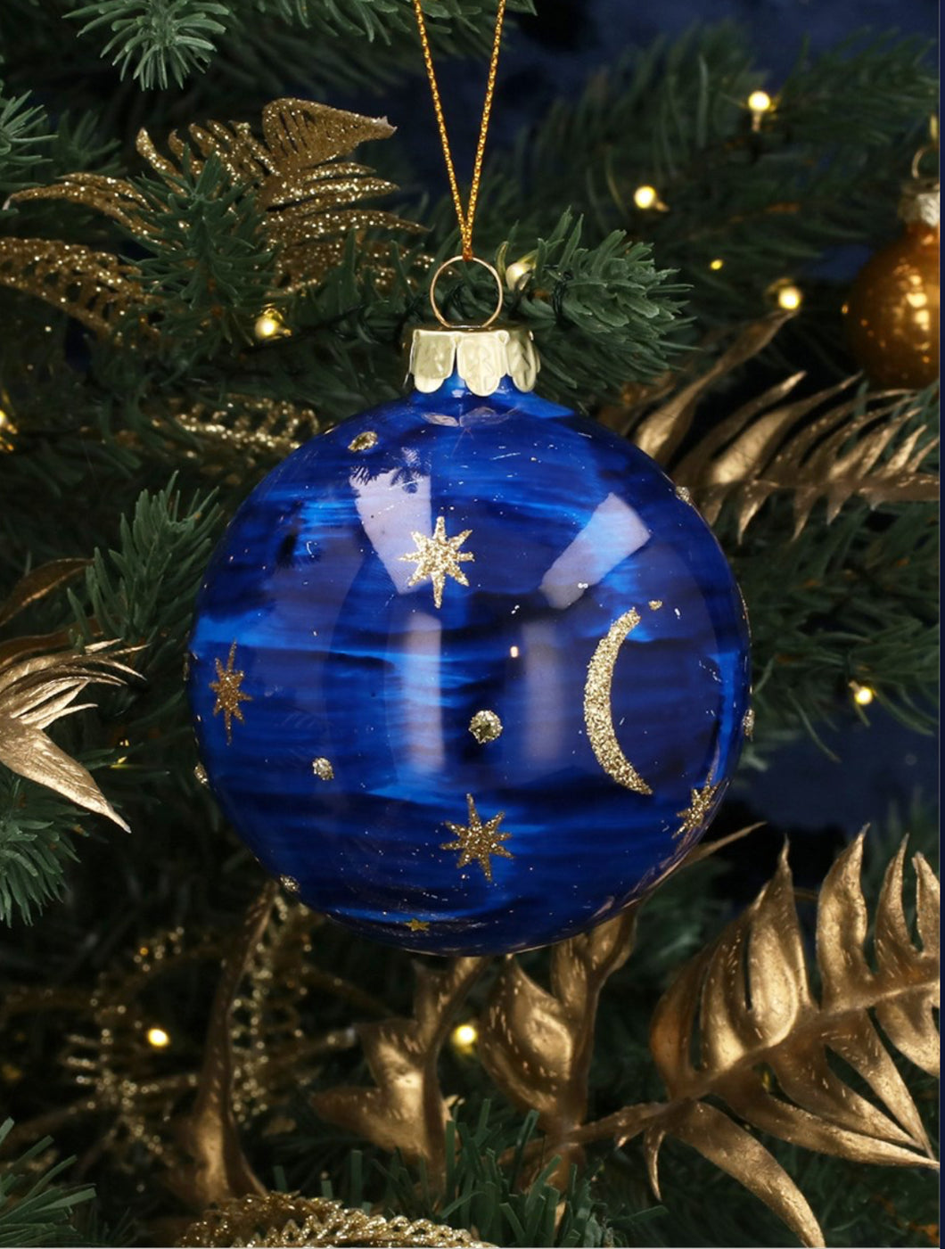 Gisela Graham Blue Marbled Stars & Moon Glass Bauble