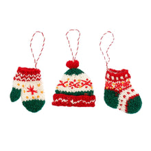 Load image into Gallery viewer, Knitted Hat, Mitten &amp; Stocking Decorations - 3 Variants
