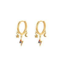 Load image into Gallery viewer, Star, Moon &amp; Lightning Bolt Charm Huggies - Gold or Silver
