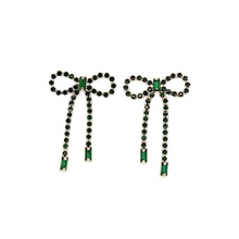 Load image into Gallery viewer, Bow Ribbon Coloured Stone Earrings- Green, clear, black
