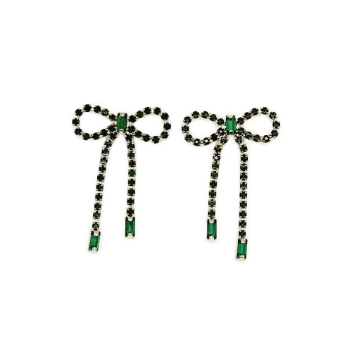 Bow Ribbon Coloured Stone Earrings- Green, clear, black