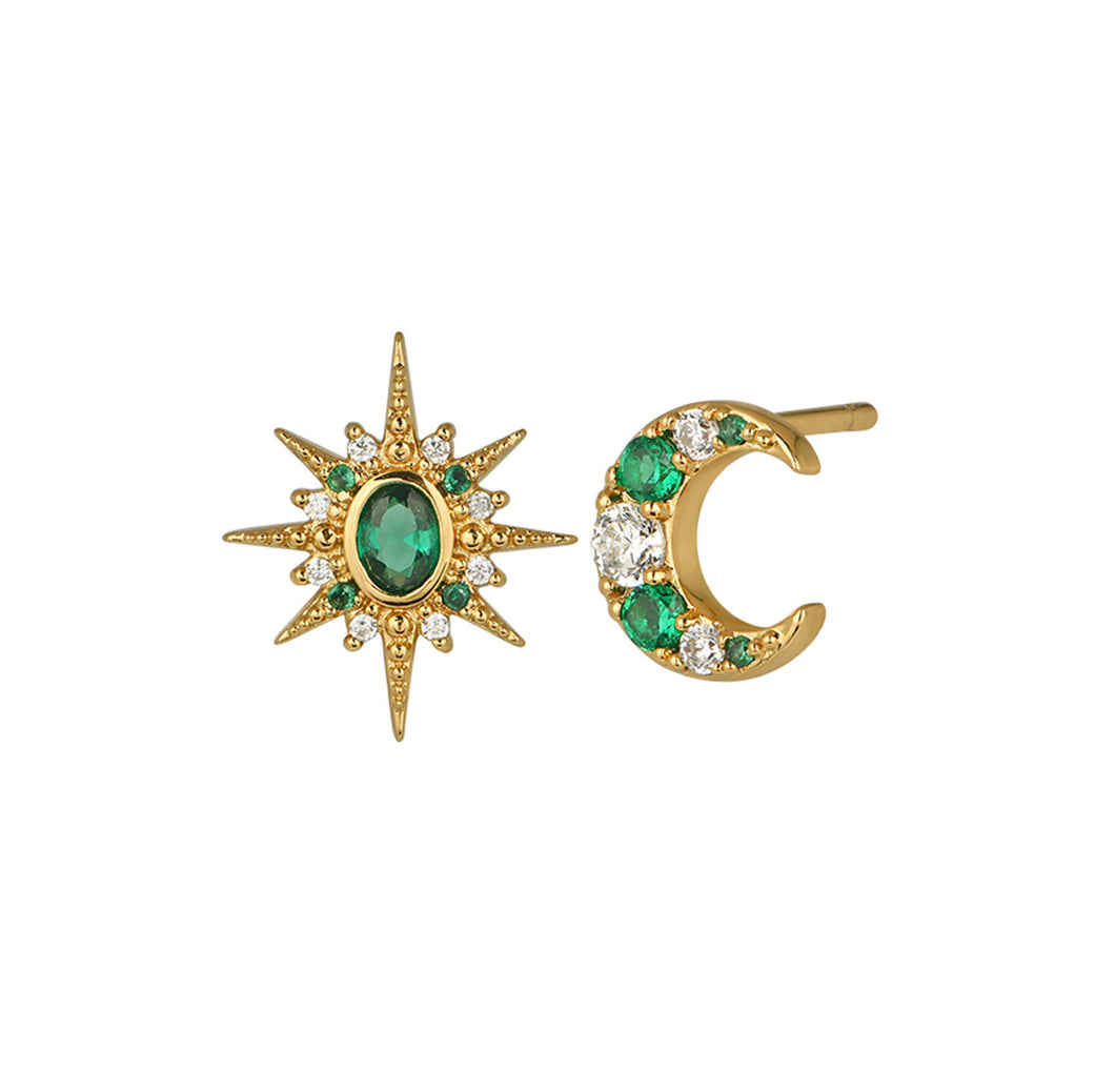 Amelia Scott Luna Mismatch Moon & Star Emerald CZ Studs - Gold