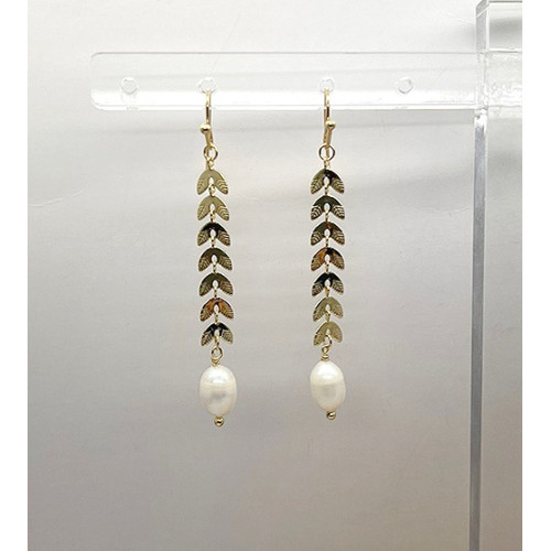 Handmade Leaf Chain & Pearl Drop Earrings - Gold / Silver