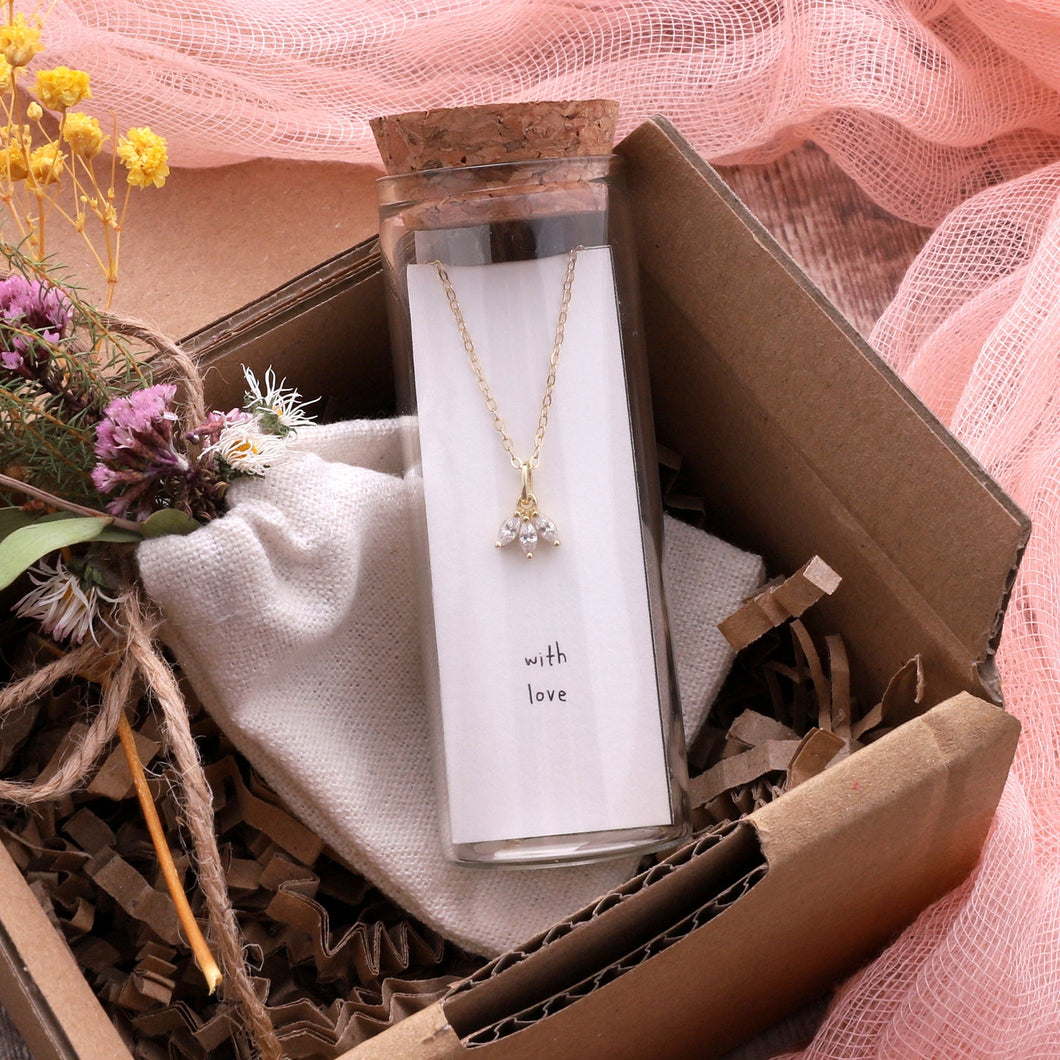 Attic Creations Message Bottle Three Crystal Flower Necklace - ‘With Love’