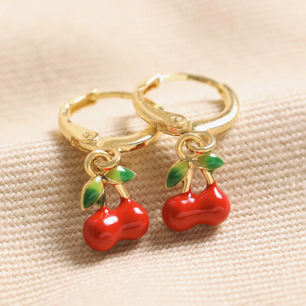 Lisa Angel Red Cherry Enamel Huggie Hoop Earrings - Gold