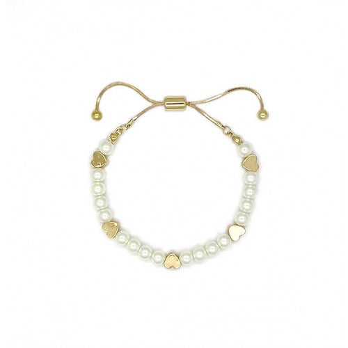 Hearts & Ivory Glass Pearls Chain Bracelet - Gold / Silver