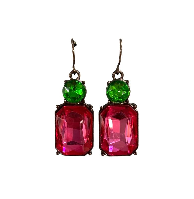 Cut Gem Drop Earrings - Hot Pink / Green
