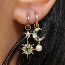 Load image into Gallery viewer, Amelia Scott Gold Luna Mismatch Moon &amp; Star Emerald CZ Huggies - Gold
