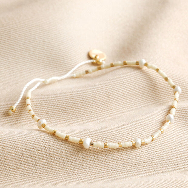 Lisa Angel Miyuki Seed Bead & Freshwater Pearl Bracelet with Pull Tie Cord