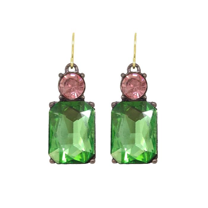 Cut Gem Drop Earrings - Green / Pink