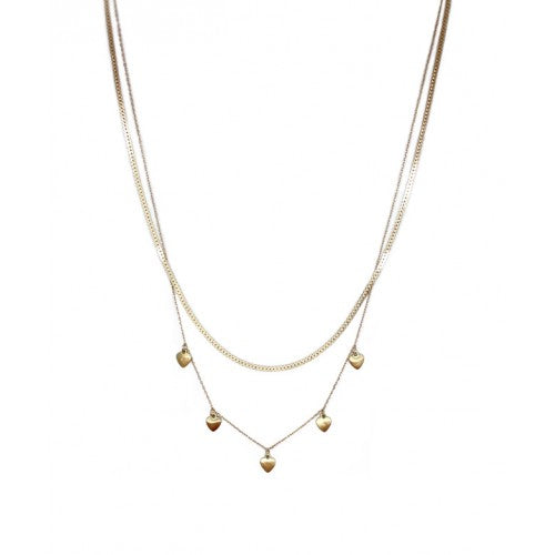 Double Layered Necklace with Five Brushed Hearts - Gold