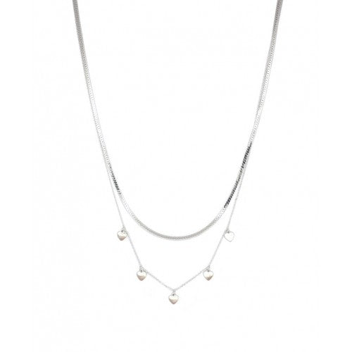 Double Layered Necklace with Five Brushed Hearts - Silver