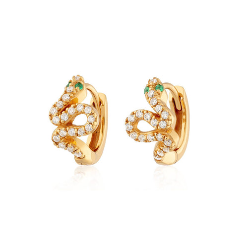 Gold sparkling snake huggie earrings with green eyes.