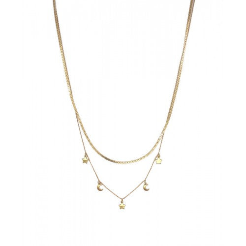Double Layered Necklace with Three Brushed Stars & Two Moons - Gold