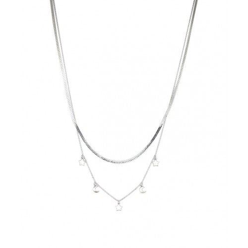 Double Layered Necklace with Three Brushed Stars & Two Moons - Silver