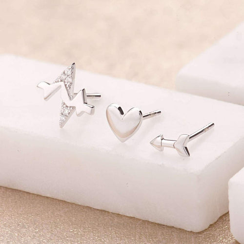 Sterling silver Heartbeat Set of 3 Single Stud Earrings