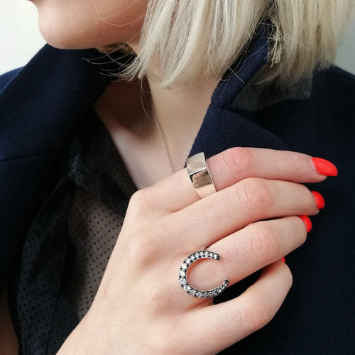 Black Horseshoe Ring with Clear Stones