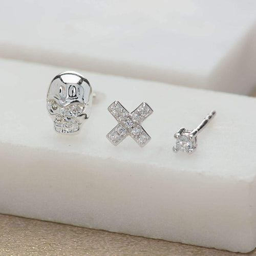 Skull and Cross Set of 3 Single Stud Earrings